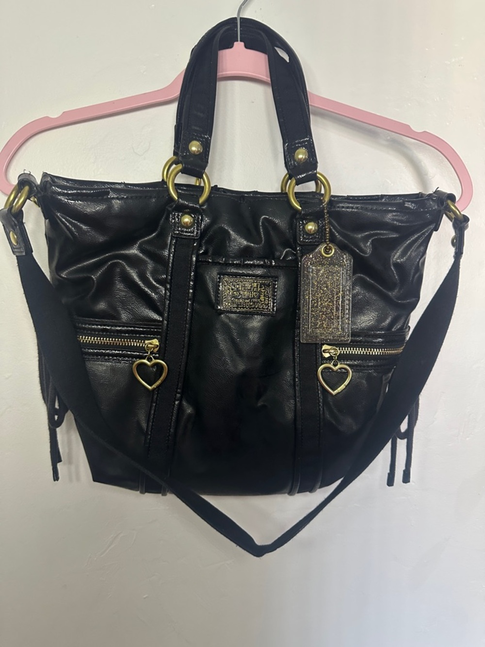 Coach Black Shoulder Bag Gold Hardware Heart Accents Designer Purse